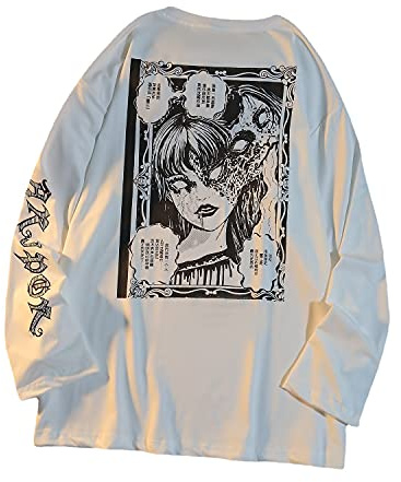 Gothic Cartoon Horror Grafik T-Shirt Frauen Charakter Print Lose Punk Japanische Pullover Top Harajuku Street Tees (Weiß, S)