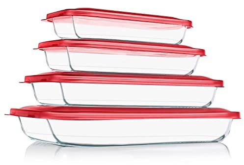 KOMUEE 8 Pieces Glass Baking Dish with Lids Rectangular Glass Baking Pan Bakeware Set with BPA Free Lids, Baking Pans for Lasagna, Leftovers, Cooking, Kitchen, Fridge-to-Oven, Red