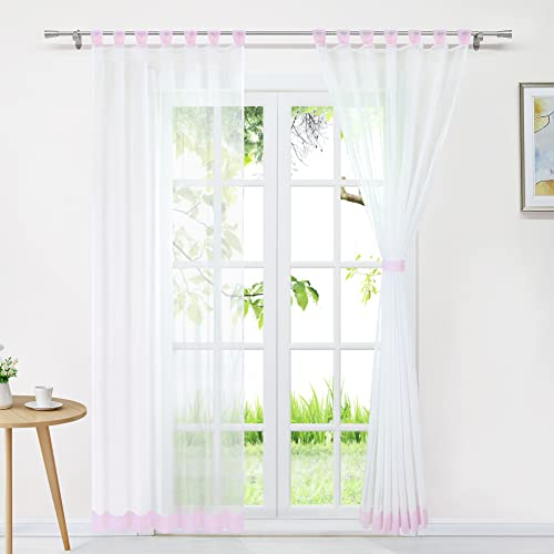 Delien Voile Gardine Transparent Vorhang Gardinenschals Modern Schlaufenschal Fensterschal Wohnzimmer Fenster Gardinen Farbnähte Vorhänge mit Schlaufen 1 Stück BxH 140x245cm,Rosa