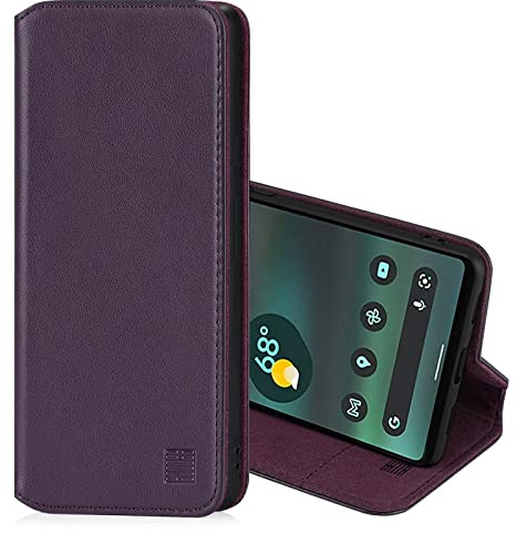 32ndShop 32nd Klassische Series 2.0 - Lederhülle Case Cover für Google Pixel 6A, Echtleder Hülle Entwurf gemacht Mit Kartensteckplatz, Magnetisch und Standfuß - Aubergine