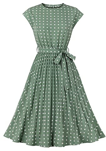 Wellwits Women's Pleated 40s 50s Vintage Dress | Cap Sleeves,Lightweight Comfy Fabric,Casual,Party Cocktail