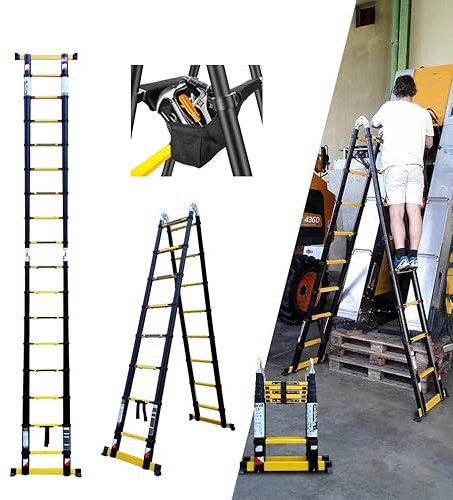 Escabeau-échelle télescopique Woerther 2 Fonctions - 3m80/ 1m90 - Modèle GRAFITEK - Doubles Barres stabilisatrices- avec Sac Porte Outils - Garantie 5 Ans