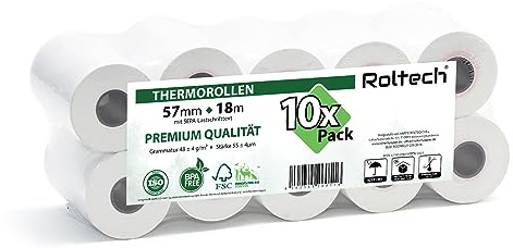 ROLTECH | 10 Thermorollen | 57mm x 18m x 12mm | mit SEPA-Lastschrifttext | BPA frei | EC Cash | Kassenrollen | Thermopapier | Bonrollen | Premium Qualität (10 Rollen)