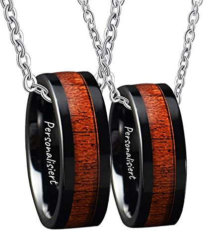 Bishilin Paar Halskette Edelstahl, Partnerkette Personalisiert 8MM Schwarz mit Holz Ring Anhänger Kette für Sie und Ihn