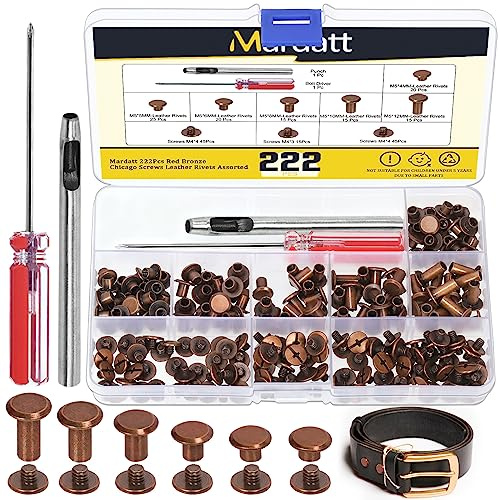Mardatt Juego surtido de 222 tornillos Chicago de 6 tamaños con herramientas de ajuste, remaches de cuero M5 x 4/5/6/8/10/12 mm M5 Chicago para reparación de manualidades de cuero (cobre antiguo rojo)