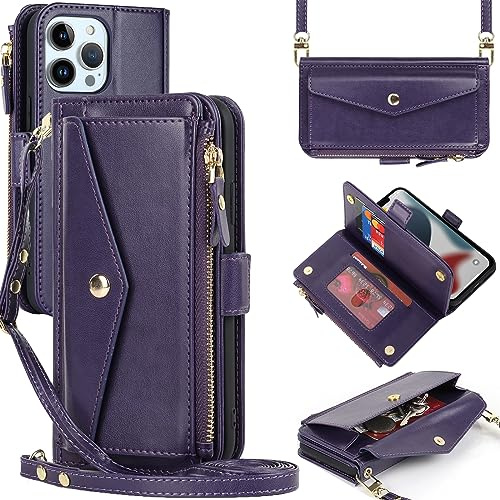 Zouzt for iPhone 13 Pro Wallet Case for Women, Purse with Credit Card Holder Slots Crossbody Lanyard Strap Zipper Flip Book Shockproof Protective Phone Cover for Apple 13 Pro 6.1 Inch (Purple)