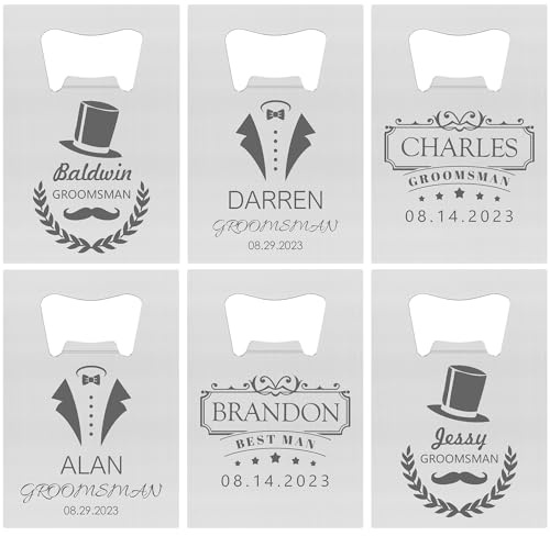 6 x personalisierbare Flaschenöffner in Kreditkartengröße, Trauzeugen, Trauzeugen, Geschenke für Hochzeit, Junggesellenabschied, Edelstahl-Bierflaschenöffner