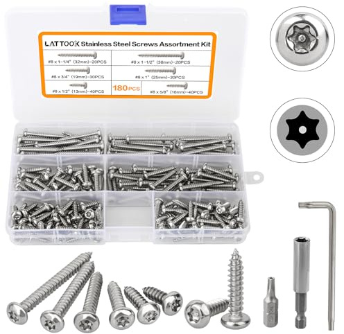 LATTOOK 180Pcs #8 Torx Security Screws 304 Stainless Steel Button Head Torx Sheet Metal Screws Security Anti-Theft Tamper Proof Self-Tapping Screws Assortment Kit with T20 Bit & Wrench