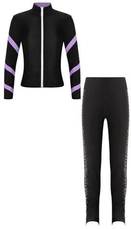 inhzoy Mädchen Eiskunstlauf Anzug Jacke Und Hose Kinder Eislaufen Trainingsoutfit Glitzer Sweatjacke Leggings Performance Sport Tanzkleidung Lavendel_E 146-152