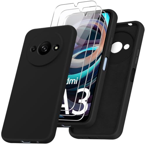 jrester Funda para Xiaomi Redmi A3 con Tres Cristal Templado Protector de Pantalla, Negro Suave Silicona Protectora Carcasa para Xiaomi Redmi A3