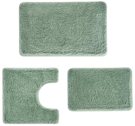 3 Pieces Luxury Bathroom Rug Set with U-Shaped Toilet Rug, Non-Slip Rubber Bottom, Thick Microfiber Fluffy Plush, Water absorption, Quick Dry, Ultra Soft, Bath Mats for Bathroom, Tub(Leaf Green)