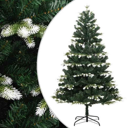 Gecheer Konstgjord julgran med gångjärn och flockande snö 180 cm, metallstativ, PVC-julgran för juldekoration, grön och vit