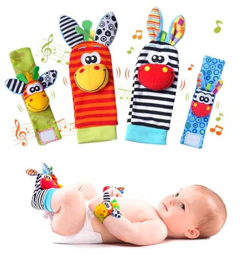 4Pcs Rasselsocken Baby 0-6 Monate – Baby Rassel Set, Handgelenk Babyspielzeug, Neugeborenen Spielzeug für Jungen und Mädchen, Frühe Bildung Baby Socken – Geschenkideen für Säuglinge