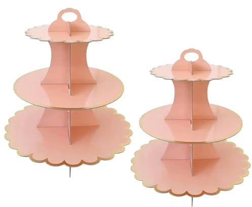 PYGHAP Confezione da 2 alzate per torte a 3 ripiani per cupcake e dessert, in cartone, rotonde, per tè pomeridiano, alzata per torte per compleanni, feste, baby shower
