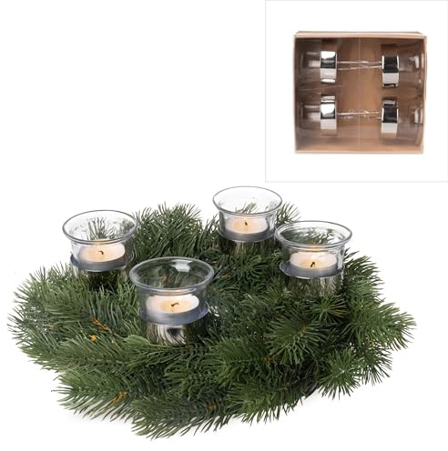 4-TLG. Set Teelichtgläser mit Metallstab für Gestecke H 9,8 cm - Adventskranzstecker 4er Set - Teelichthalter für Adventskranz - Glasteelichthalter für Adventskranz