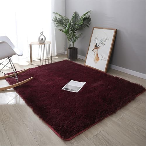 Highdi Tappeto Salotto Tinta Unita Moderno Tappeto Shaggy a Pelo Lungo Tappeto Camera da Letto Soffice Antiscivolo Lavabile Tappeti per Soggiorno Camera da Letto (160x230cm,Bordeaux)