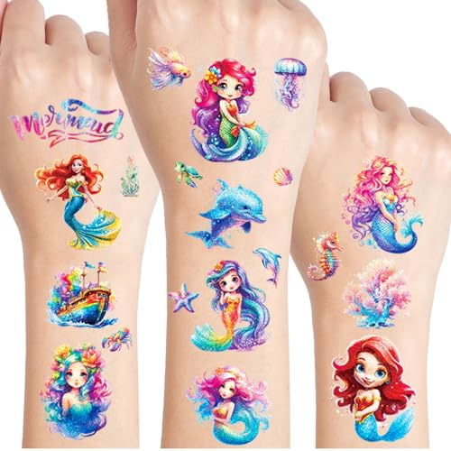 Meerjungfrau Glitzer Tattoo Set Kinder, 12 Blätter Temporäre Tattoos Kinder | Glitzer Tattoo Spielzeug, Schultüte Einschulung Geschenk Mädchen, Meerjungfrau Tattoos Deko Kindergeburtstag