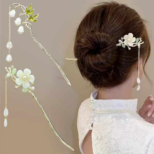 YIHECWY 2 Pcs Chinese Tassel Hairpin Pearl Flower Vintage Metal Hair Clip for Women and Girls