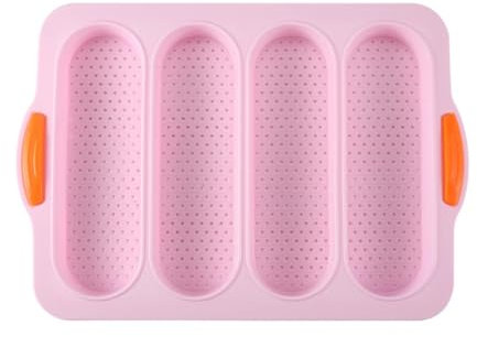 YiYeraio Molde de silicona para baguette de grado alimenticio de 4 cavidades, antiadherente, reutilizable, para pan, pasteles, horno, apto para lavavajillas, resistente al calor con asas (rosa)