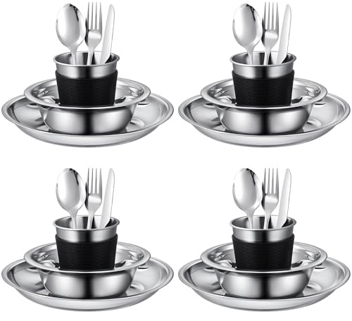Camping Plate Bowl Cup Cutlery Set for 4, Outdoor Dinner Set for Travel