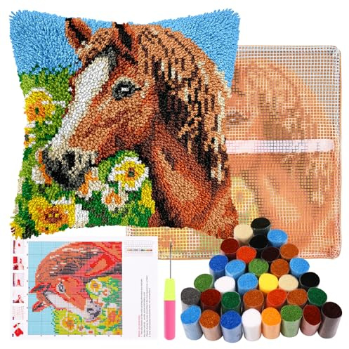 GUIJZSLTRG DIY Latch Hook Pillow Kit for Kids Adults, 17inch Pillow Materials Package, Handmade Embroidery Kits, Cross Stitch Sofa Cushion Cover with Crochet Yarn for Beginners and Home Decor(Horse)