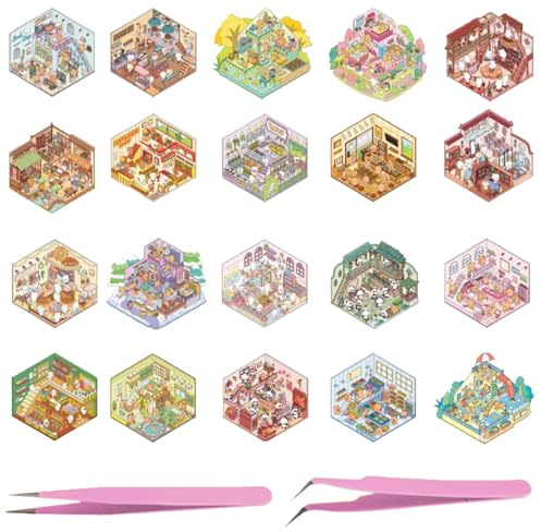 Noaxylic 20 Pezzi Adesivi Scena 3D Set, Divertenti Scene Adesive DIY con Una Pinzetta, Cartoon Style House Stickers, Casa Dei Dessert, Piccolo Mondo, Per Passare Il Tempo, Decorazioni, Regali Creativi