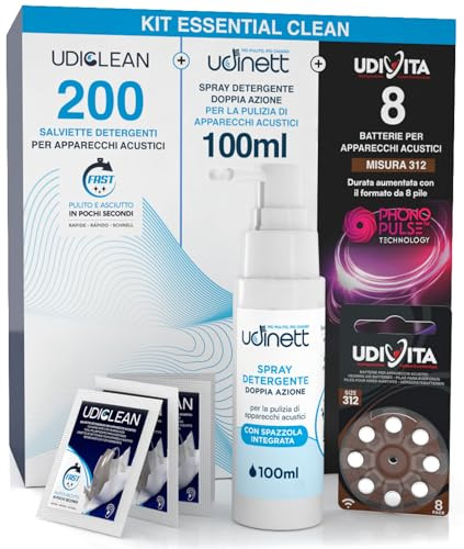 8 Piles puor Appareils Auditifs Taille 312 PR41 Marron + 200 Lingettes Nettoyantes Udiclean Format de Poche + Spray Nettoyant avec Brosse Intégrée Udinett 100ml - Kit Essential Clean