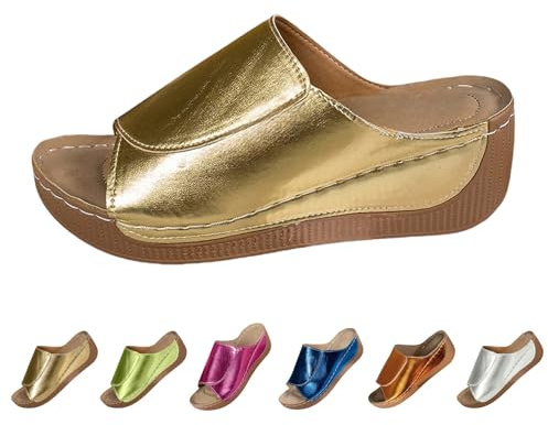 Dam Sommar Ortopediska Läder Anatomiska Sandaler Kiltofflor Bekväma Hem Elegant Lättvikts Fascites Sandaler Öppen Mode Halkfri Bågstöd Sandal Strand Hav 2025, W Guld, 40 EU