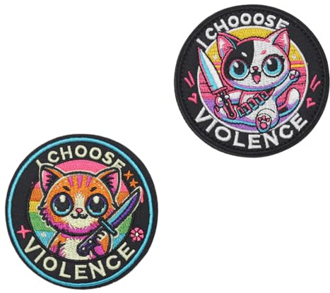 2 Stück I Choose Violence Patches Taktische Stickerei Emblem Lustiger Katze Bestickt Abzeichen Hook and Loop Patches Applikationen Biker Uniformen Hemden Mützen Kleidung Jacken Taschen Rucksack