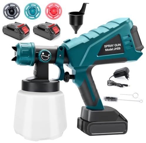 Pistola Pintura Electrica, Pistola Pintura con 2 Baterías Compatible con Batería Makita de 18V, 1000ml 3 Boquillas para Cobertizos de Muebles, Gabinetes, Cercas, Paredes, Puertas (verde)