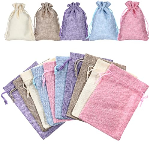 LIQWEI 15 stycken små påsar att fylla, 15 x 10 cm jutesäckar med dragsko små linnepåsar färgglada presentpåsar smyckespåse lavendelpåsar för bröllop födelsedagsfest gör-det-själv hantverk