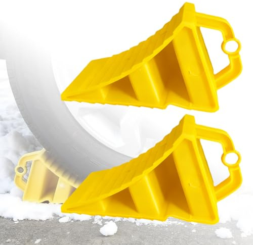 VEGOATY Lot de 2 cales de roue de voiture : 15 x 10 cm, antidérapantes, portables, cales de roue jaunes avec poignée pour camping-car, cale de roue en plastique, pour parkings de véhicules