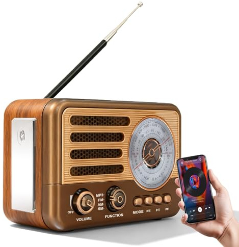 Radio retro con Bluetooth, radio transistor vintage, radio nostálgica pequeña, AM/FM/SW, compatible con USB/TF/Aux-MP3, recargable, radio de cocina para el hogar, la oficina al aire libre