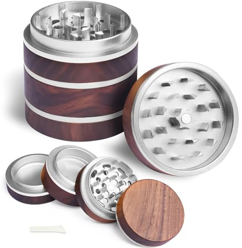 Walnussholz Gewürzmühle 4-teilig mit Pollensieb, Edelstahl Grinder mit Magnetdeckel, CNC-gefräst für Kräuter & Gewürze, 63mm, Tragbar & Leicht zu Reinigen