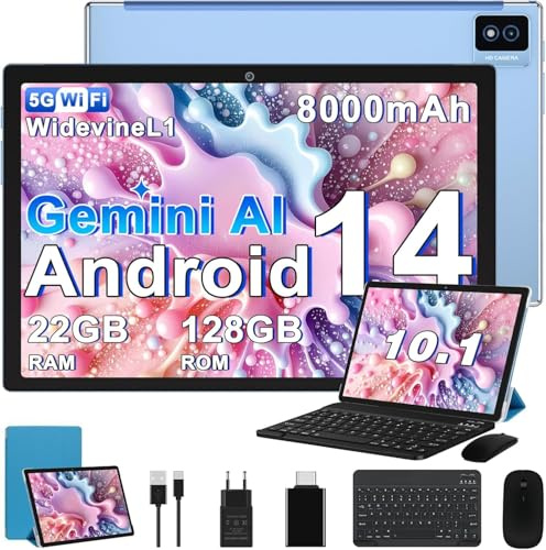 Biegedy Tablet 10 Pollici Tablets Android Octa-Core 2.0 GHz, 22GB RAM+128GB ROM (1TB TF) 5G/2.4G WiFi 6, Widevine L1/GMS/Involucro in metallo/BT5.0/8000mAh/5+8MP, Tablet con Tastiera e Mouse - Blu