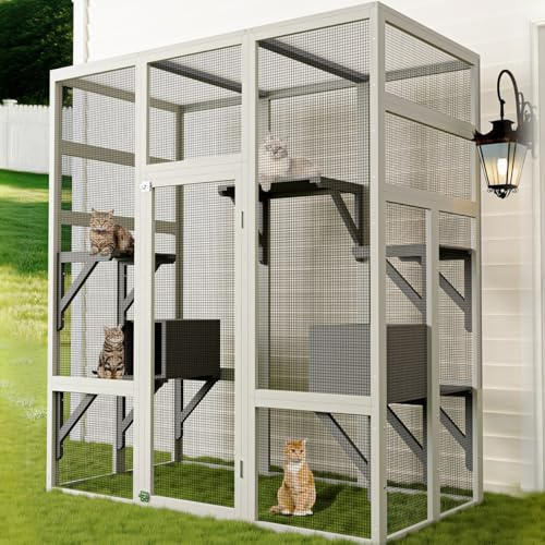 Katzengehege Outdoor Groß & Begehbar, Wetterfestes Catio aus Massivholz, Stabiles Freilaufgehege für Garten & Balkon, auch als Voliere oder Katzenkäfig Outdoor nutzbar 160 x 82 x 178 cm