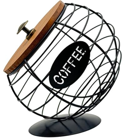 Homyl Porte-capsules de Café Grande Capacité, Boîte à Capsules En Métal avec Couvercle En Bois, Panier de Rangement Moderne pour Le Comptoir, La Maison Ou L, Noir 12 Cm X 16.5 Cm