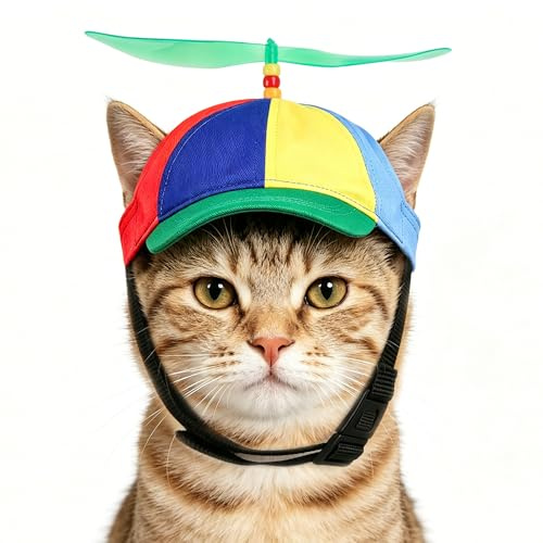 Propeller Mütze für Hunde und Katzen mit Ohrlöchern Verstellbare Baseballmütze Baumwolle Katzenmütze Bunte Hubschrauber Kappe Sommer Hunde Sonnenhut für Outdoor Party Kostüm