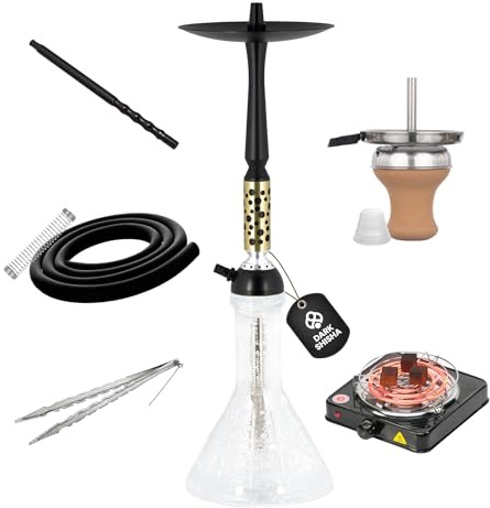 Dark Shisha Cachimba Nova 60 cm con Hornillo Eléctrico 1000W | Cachimba de Aluminio Negro con Cazoleta de Barro, Chimenea Metálica, Manguera de Silicona y Accesorios Completos