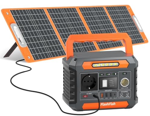 FlashFish 144.3Wh Tragbare Powerstation mit Solarpanel 100W, 200W Solar Generator mit 230V AC/DC/USB/Typ C/LED-Lichter, Stromgenerator Akku für Camping, Reise, Unterwegs, Notstrom