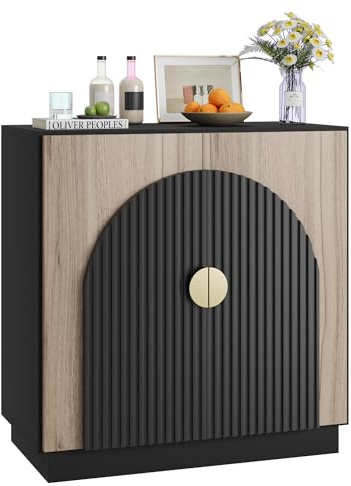 Fluted Sideboard Buffet Cabinet – Arched Doors, Adjustable Shelves, Soft Close Hinges, Gold Handles – Freestanding Storage Cabinet for Living Room, Dining Room, Kitchen, or Entryway – 80x40x81cm