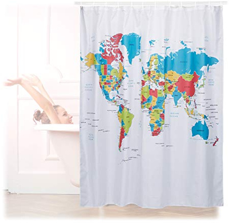 Relaxdays Duschvorhang Weltkarte, Polyester, wasserabweisend, waschbar, Anti-Schimmel, Badewannenvorhang 180x180cm, bunt