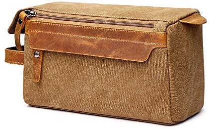 Neuleben Kulturbeutel Kosmetiktasche Kulturtasche aus Canvas Leder Vintage Damen Herren für Reise Urlaub (Braun)