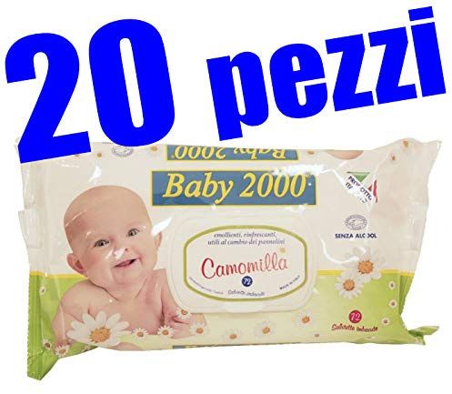 20 CONFEZIONI da 72 SALVIETTE BABY 2000 per NEONATI IMBEVUTE AL PROFUMO DI CAMOMILLA SENZA ALCOOL - SALVIETTINE DETERGENTI per BAMBINI MADE IN ITALY