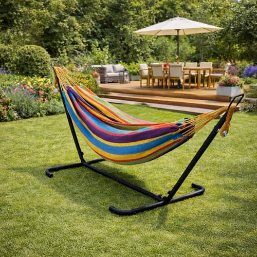 Hamac sur Pied Arc-en-Ciel Copacabana Multicolore | Toile rayée 100% polyester, structure acier peinture époxy anti-oxydation, 130 kg max.