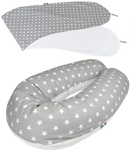baby idea Babysanity® Cuscino Gravidanza (Interno + 2 Federe) Di Qualità' Allattamento Confortevole Per Dormire Sostegno Mamma Cotone 100% - Made In Italy - (Stella Pois Grigio Scuro)