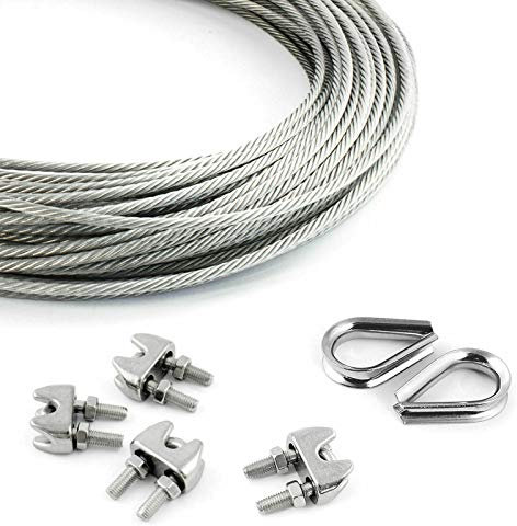DQ-PP STAHLSEIL SET | 3mm | 20m | 4 x Seilklemmen 3mm | 2 x Kauschen 3mm | Edelstahl INOX | 7x7 mittelweich | Drahtseil für Rankhilfe Rostfrei Seil Stahl Draht Forstseil Windenseil