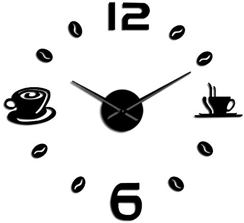 VCS Cafe DIY Reloj de Pared Grande sin Marco Reloj de Pared Gigante Diseño Moderno Café Taza de café Grano de café Decoración de Pared Reloj de Pared de Cocina(Negro,70CM)