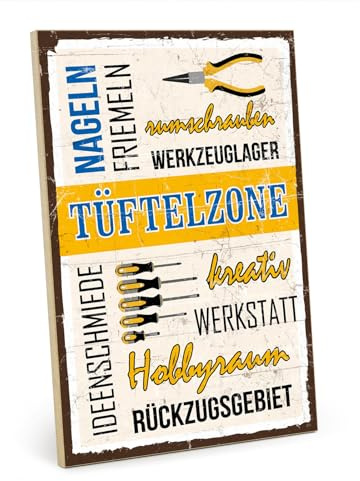 TypeStoff Holzschild mit Spruch – Tüftelzone – im Vintage-Look mit Zitat als Geschenk und Dekoration zum Thema Werkstatt, Garage und Bastelzimmer - HS-00991