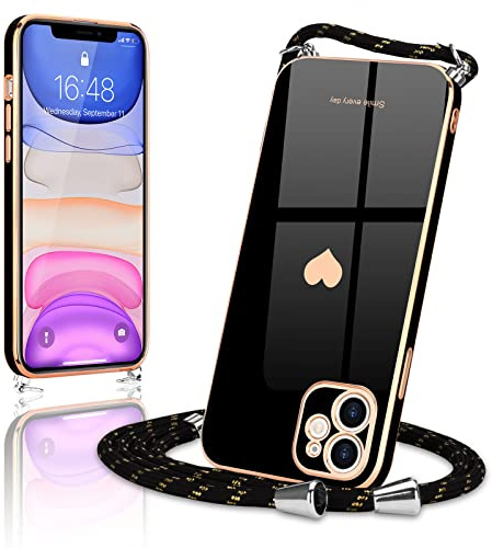 Wirvyuer Coque avec Cordon pour iPhone 11 Coque Ultra Mince Silicone Souple Étui en Motif Coeur avec Chaîne Collier Réglable Téléphone Portable Lanyard Case pour iPhone 11 Noir